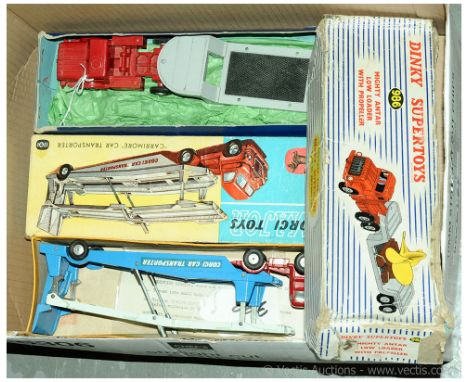 Dinky 986 Mighty Antar Low Loader finished in red, grey, including Supertoy hubs, black platform on trailer (without propelle