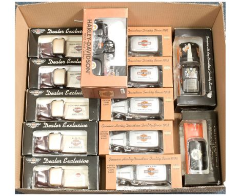 A large number of boxed Harley Davidson related 1/24th scale Coin Banks including 1969 Ford Mustang Boss 302 Racer, 1955 Chev