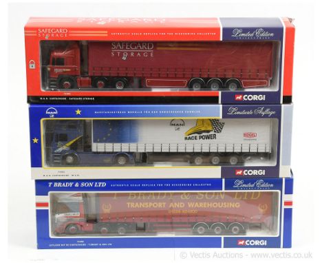 Corgi 1/50th scale group (1) 75805 MAN Curtainside - Safeguard Storage; (2) 75408 Leyland DAF 85 Curtainside - T. Brady &amp;