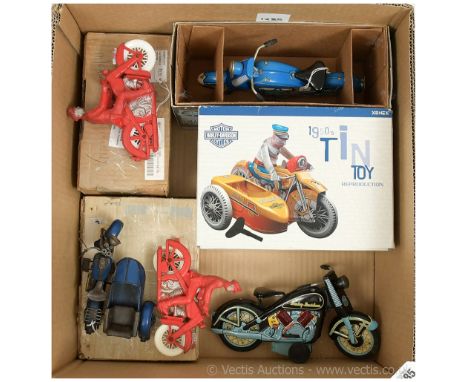 Mixed group of tinplate and plastic Harley Davidson Motorcycle Collectables including Xonex 1950's tin toy reproduction, simi