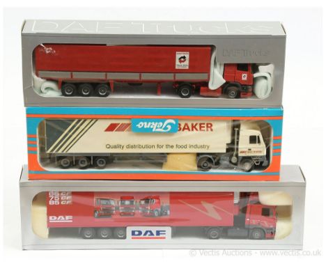 Tekno 1/50th scale group (1) BOC Baker; (2) Concept 95 Contrail Train Trailer Rental Rotterdam - red, silver; (3) DAF Promoti
