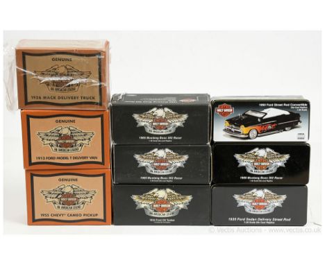 Mixed group of Harley Davidson related models including 1/43rd scale 1934 Ford Oil Tanker, 3 x 1969 Mustang Boss 302 Racer in