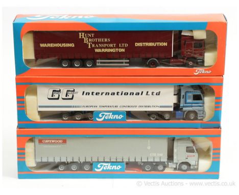 Tekno 1/50th scale group (1) Cavewood European Distribution Specialist - grey cab and trailer; (2) Hunt Bros. Warehousing Lim