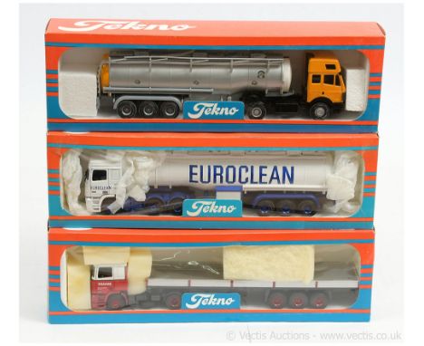 Tekno 1/50th scale group (1) DAF 95 "Kramer" - red and white cab, silver trailer; (2) Euroclean Articulated Tanker; (3) "Tank
