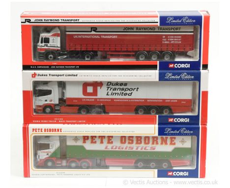 Corgi 1/50th scale group (1) CC12209 Scania Curtainside - Pete Osborne; (2) CC12202 Scania Fridge Trailer - Dukes Transport L
