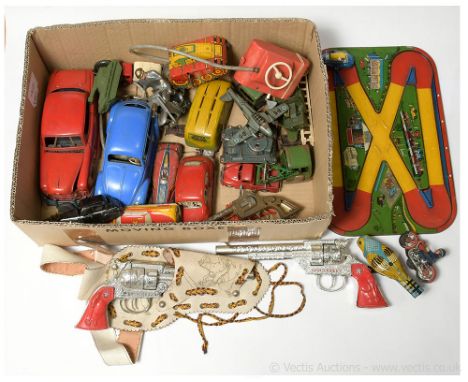 Quantity of mostly 1950's &amp; 1960's period tinplate &amp; plastic toys including friction drive Motorcycles, fixed key Mar