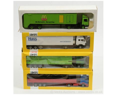 Lion Toys 1/50th scale group (1) Hays Distribution Refrigerated Truck - white; (2) Smurfit - two-tone green; (3) McDonalds Re