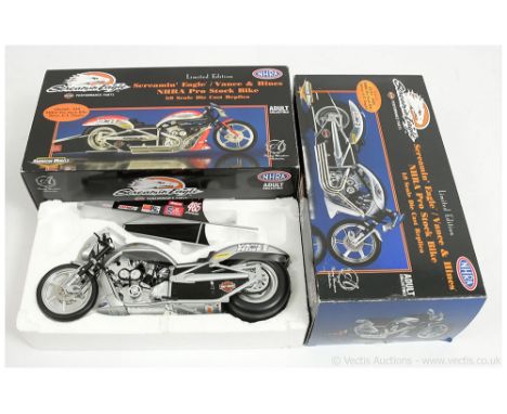 ERTL American Muscle 1/9th scale pair (1) 33731 NHRA Pro Stock Bike - G.T Tomglet; (2) similar but 18556P racing number 10 - 