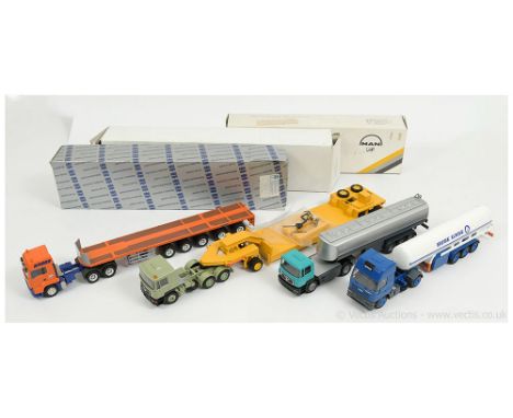Conrad 1/50th scale group (1) #4111 MAN F90 Low Loader - dull green cab, yellow trailer; (2) #66146 MAN TGA Flatbed Trailer "