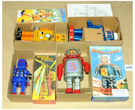 A group of tinplate Robots all recent issues to include "Astro-Scout"; "Lilliput"; "Space Robot" and another - conditions app