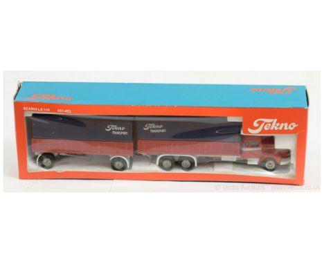 Tekno 1/50th scale early model Scania LS110 "Tekno Transport" Canopy Truck &amp; Trailer - red, white chassis with blue canop
