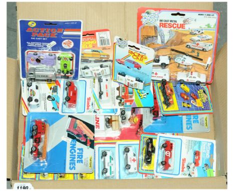 A group of smaller scale Cars and Commercials to include Simba "Notarzt" Tuf-Toys Fire Engine; Road Tough "Ambulance" 4-piece