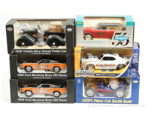 Mixed group of Harley Davidson related models to include Jada 1/24th scale 1969 Chevy Camaro, 2 x 1969 Ford Mustang Boss 302 