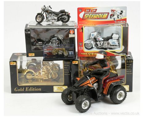 Mixed group of Harley Davidson Motorcycles including 23K gold 1/18th scale 1986 FLST Heritage Soft-Tail Evolution x 2, 1/18th