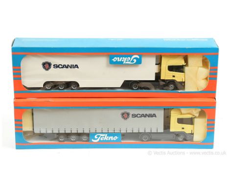 Tekno 1/50th scale boxed pair (1) Scania Promotional Refrigerated Van - yellow cab, white trailer, (2) Scania Promotional Cur