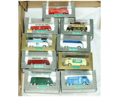 Vitesse a group of Volkswagen Vans (1/43rd scale) to include "Nestle"; "Cote D'or"; "Gervais" plus others - conditions appear