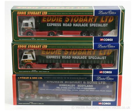 Corgi 1/50th scale group (1) CC12201 Scania Curtainside - A. Wishart &amp; Sons Ltd; (2) 75702 MAN Refrigerated Box Trailer -