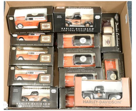 Large group of 1/24th scale Harley Davidson related Coin Banks including 1955 Chevy Sedan Delivery - Dealer Exclusives includ