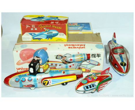 Tinplate a group of more recent issue Flying Boats to include "Universe Televiboat" with figure and camera, "Rocket Racer" - 