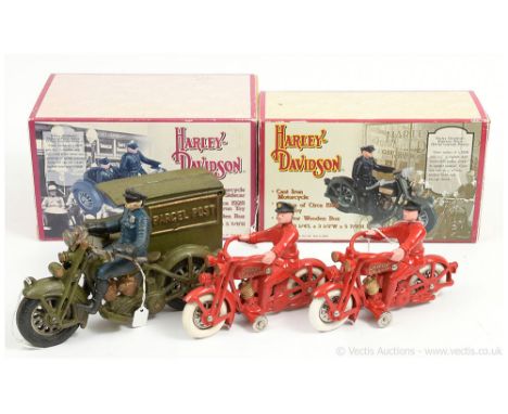 A group of Chinese made reproduction cast iron collectables including Parcel Post, Motorcycle and Sidecar, 2 x unboxed models