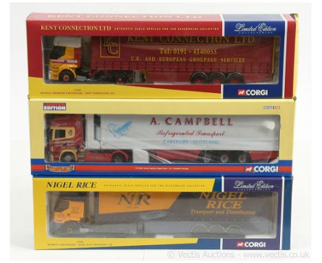 Corgi 1/50th scale group (1) 75604 Renault Premium Curtainside - Kent Connections Ltd; (2) CC1290 Scania Topline Fridge Trail