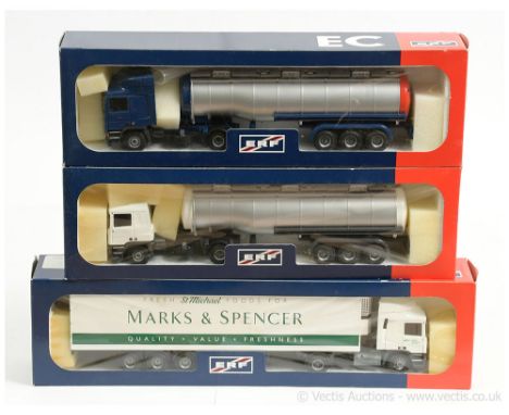 Tekno 1/50th scale group (1) ERF Tanker - white cab, silver, white tank; (2) similar but blue cab with blue and red trim to t