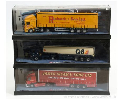 Corgi 1/50th scale group (1) 75401 Leyland DAF Curtainside - James Irlam &amp; Sons Ltd; (2) 7530 Leyland DAF Tanker - Q8; (3