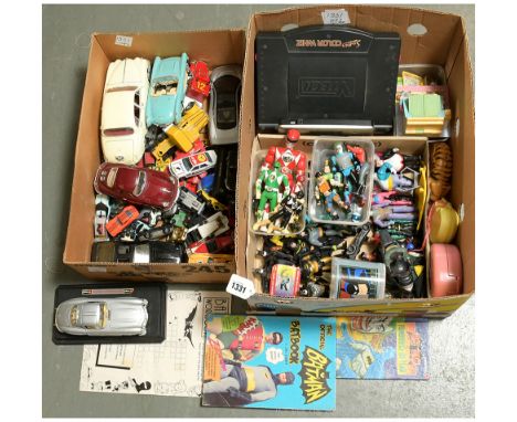 Large quantity of play worn children's toys dating from the 1980's onwards including cars in various scales, action figures, 