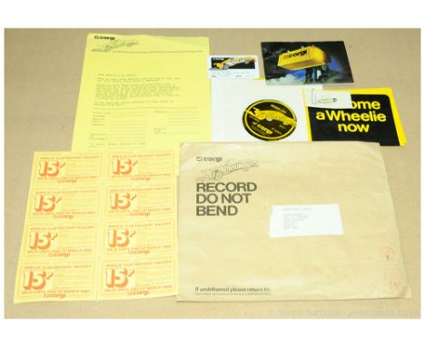 Corgi "Wheelie" Club Ephemera - includes application sheet; 2 x "Become a Wheelie Now" leaflet; Record; Plastic Card; 8 x 15p