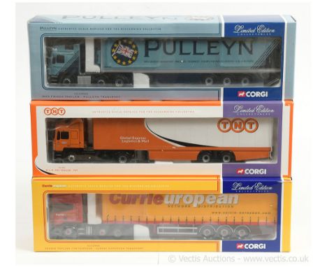 Corgi 1/50th scale group (1) CC12005 MAN Fridge Trailer - Pulleyn Transport; (2) 75702 MAN Box Trailer - TNT; (3) CC12903 Sca