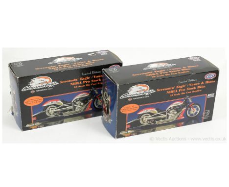 ERTL American Muscle 1/9th scale pair (1) 33862 Harley Davidson NHRA Pro Stock Bike - G.T. Tomlet; (2) 33863 similar but raci