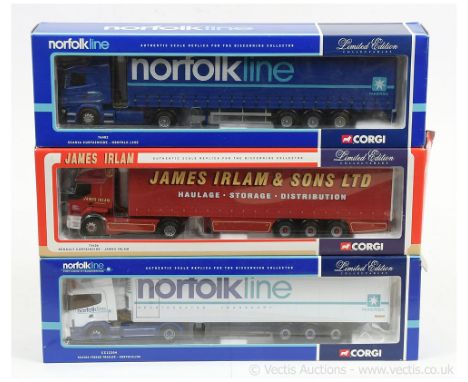 Corgi 1/50th scale group (1) CC12204 Scania Fridge Trailer - Norfolk Line; (2) 75606 Renault Curtainside - James Irlam; (3) 7