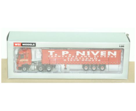 WSI Models (1/50 Scale) 02-1750 Actros Stream Space with Curtainside Trailer "T P Niven" - red, black, white, pale yellow - c