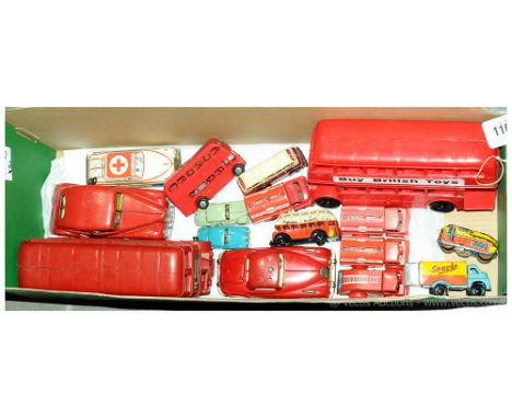 Unboxed Group of Tinplate &amp; Plastic Cars &amp; Commercials to include; Mettoy Clockwork 4-Door Saloon (Japan) Tinplate Ja