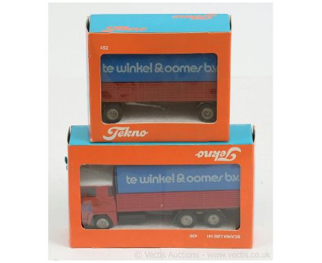 Tekno 1/50th scale pair (1) #420 Scania LBS 141 "Te Winkel &amp; Oomes B.V" - red cab and trailer with blue canopy; (2) #452 
