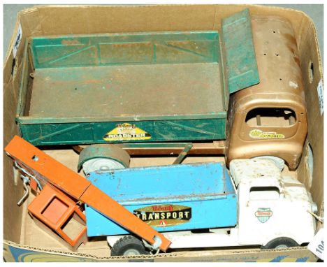Triang - a group of Large Scale Pressed Steel Models to include Crane - orange; "Roadster" Tipper - metallic brown, green; an