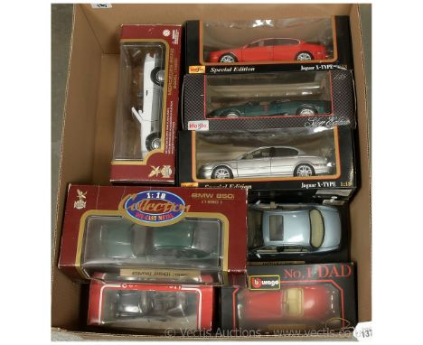 Group of large scale Cars.  1/18th scale models include Maisto Jaguar XJ220; 2 x Jaguar X-type; Road Legends BMW 850i and 198