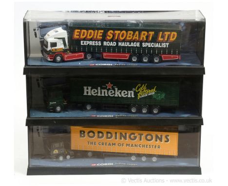 Corgi 1/50th scale Truck group (1) 75201 ERF Curtainside - Eddie Stobart Ltd; (2) 75405 Leyland DAF Curtainside - Heineken; (