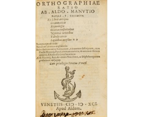 Aldus.- Manutius (Aldus, the younger) Orthographiae ratio, 2 parts in 1, title with woodcut device, woodcut initials, with th