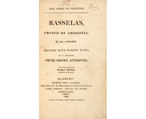 Johnson (Samuel) Rasselas, Prince of Abissinia...Printed with Patent Types, in a manner never before attempted, Rusher's Edit