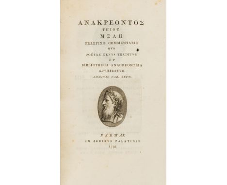 Anacreon. Anakreontos Teiou Melle [graece] praefixa commentario quo poëae genus traditur et bibliotheca Anacreonteia adumbrat