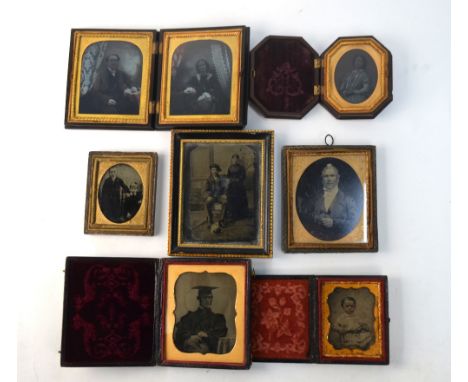 A pair of coloured collodion, or other, portraits in hinged Union case, 9.5 x 8.5cm; together with a portrait of a women in o