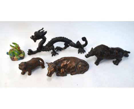 A famille rose figure of a rabbit or hare; a Japanese ceramic figure of a tiger, 11 cm long; and three metal figures, compris