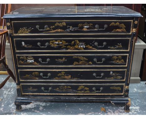 A mid 20th century ebonised and gilded chest of five long drawers, richly decorated in the Chinoiserie taste, on ogee bracket