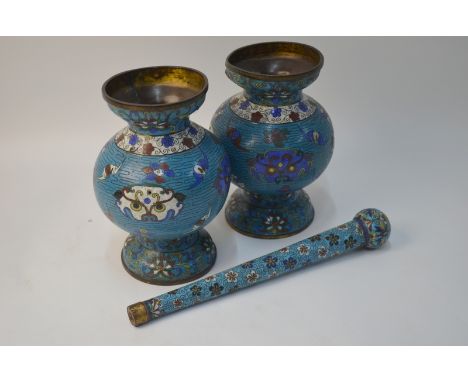 A pair of Chinese cloisonne enamel vases, decorated with both bats and lotus; together with another cloisonne enamel object, 