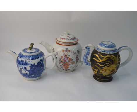 Two Chinese Export teapots, comprising: one in famille rose and one in blue and white; together with another teapot, probably
