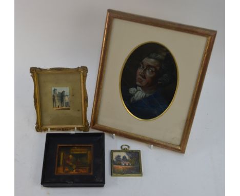 A miniature watercolour sketch of a classical ruin, to/w two other miniature paintings, cottage and old lady by a fireplace a