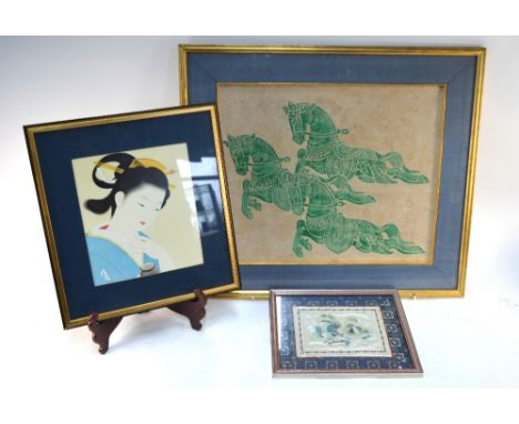 A Japanese picture of a Yamato Nadeshko, wearing a kushi and kansashi, framed and glazed; together with a picture of horses, 