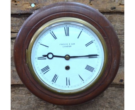 A circular wall clock with single fusee movement and 19 cm enamel dial bears inscription for French & Son, London, stamped Lo