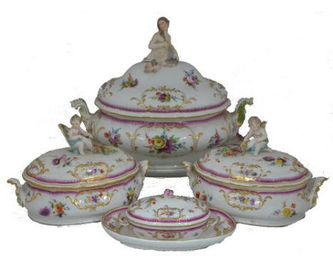 An extensive 19th century German porcelain dinner service, blue crossed swords for Meissen with the addition of a dot or star